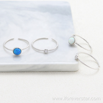 Round Blue Opal 925 Silver White CZ Rings